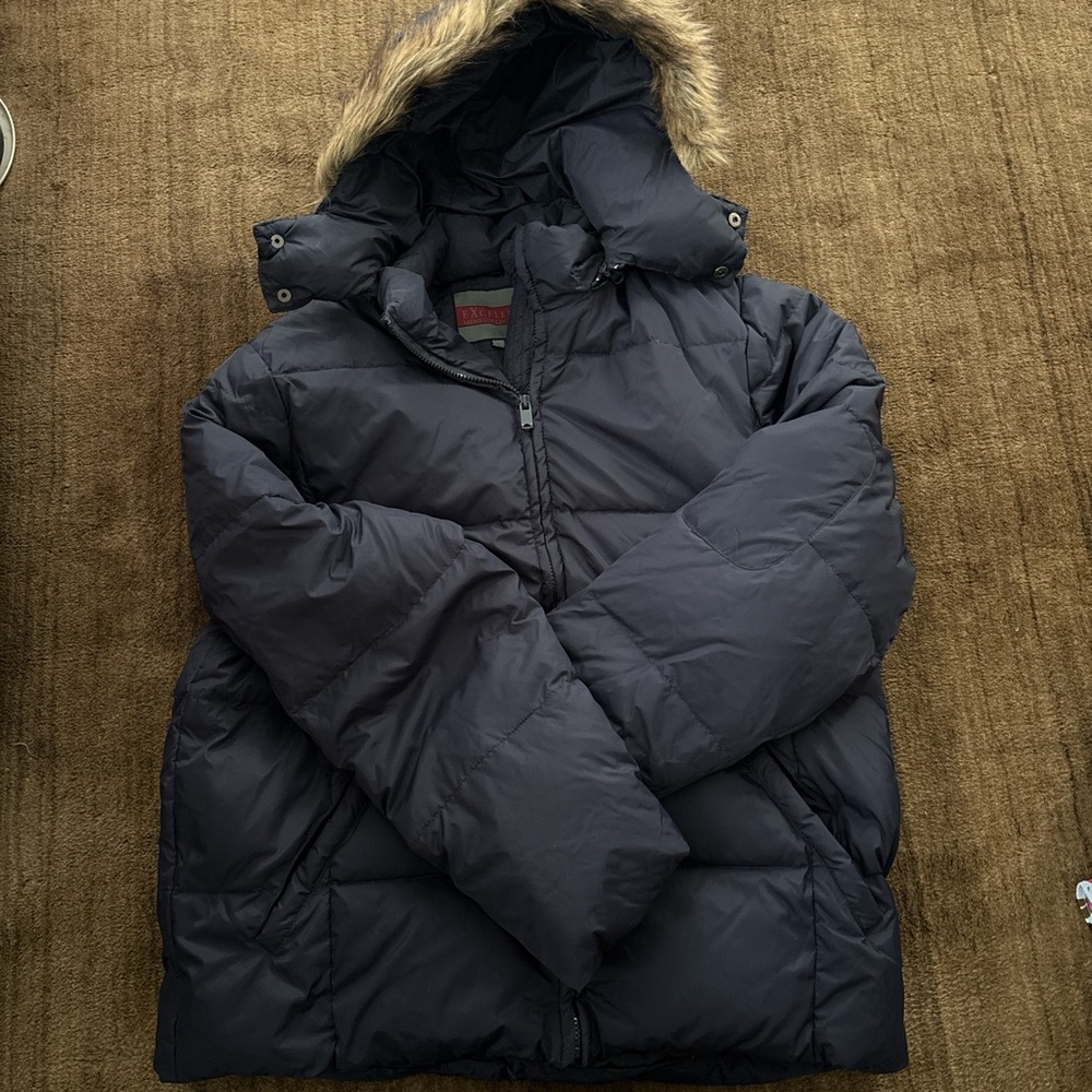 Navy Puffer Jacket with Faux Fur Hood